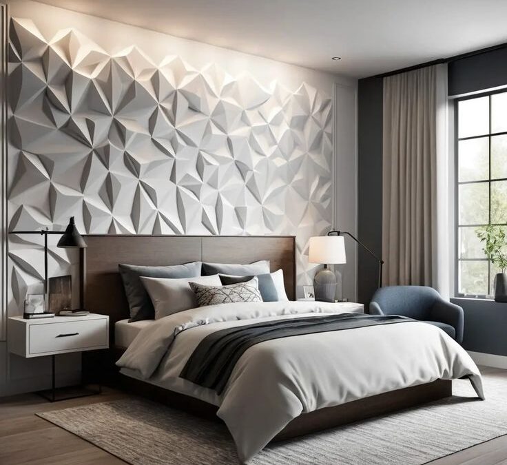 gạch 3d bê tông xi măng ốp lát tường màu xám trong phòng ngủ