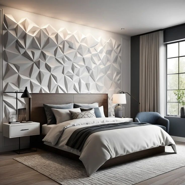 gạch 3d bê tông xi măng ốp lát tường màu xám trong phòng ngủ