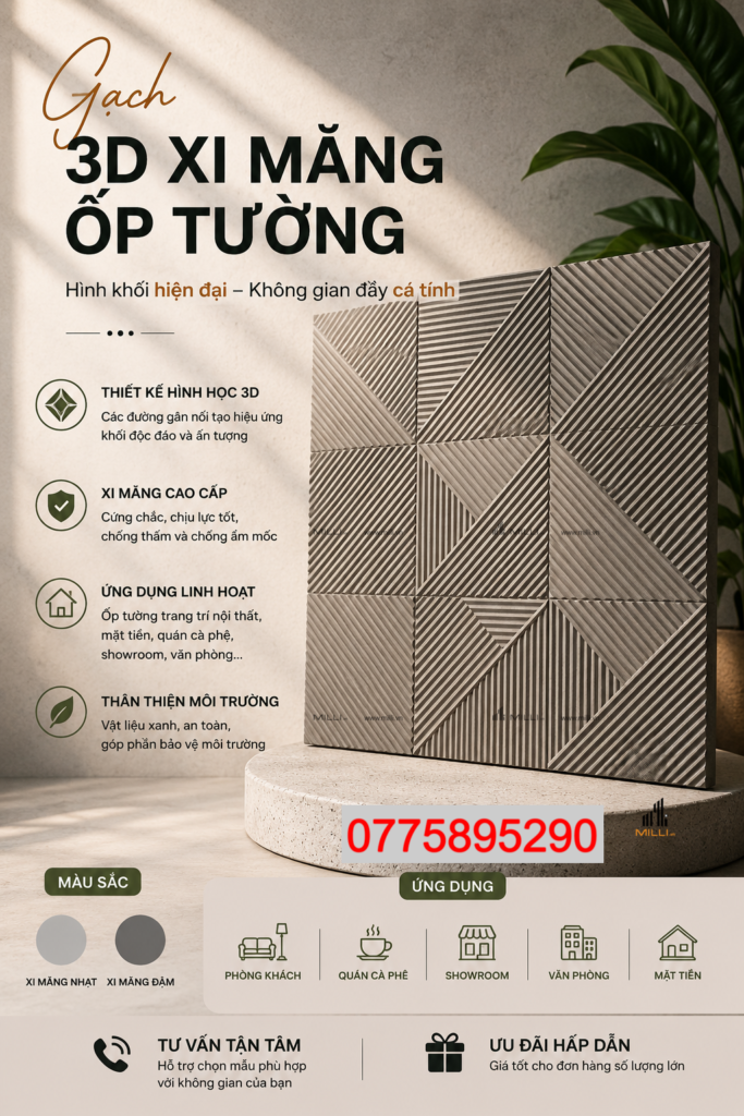 Gạch 3D Bê Tông Xi Măng Hiệu Hình Học 3D Ốp Tường Trang Trí MILLI Bình Dương TP.HCM Giá Rẻ