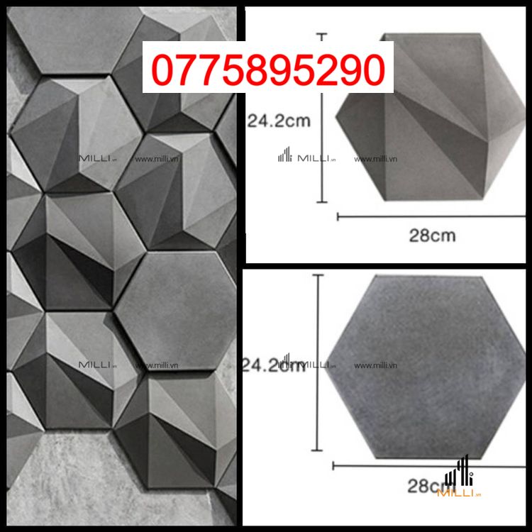 Gạch 3D Bê Tông Xi Măng Họa Tiế Lục Giác Gợn Sóng Màu Xám Đen Giá Rẻ Ốp Tường Trang Trí MILLI HCM