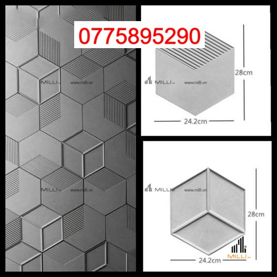 Gạch 3D Bê Tông Xi Măng Họa Tiết Lục GIác Màu Xám Trắng Giá Rẻ Ốp Tường Trang Trí MILLI HCM