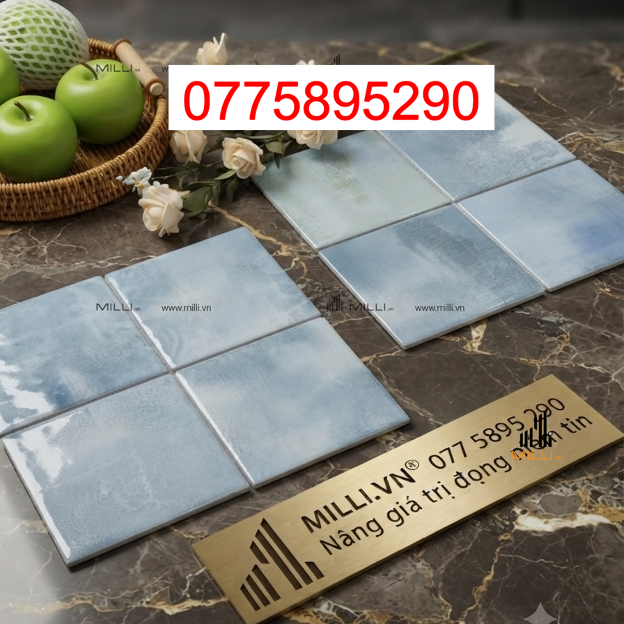 Gạch ốp tường ceramic handmade - gạch gốm thủ công ô vuông màu xanh - Milli - gạch giá rẻ HCM