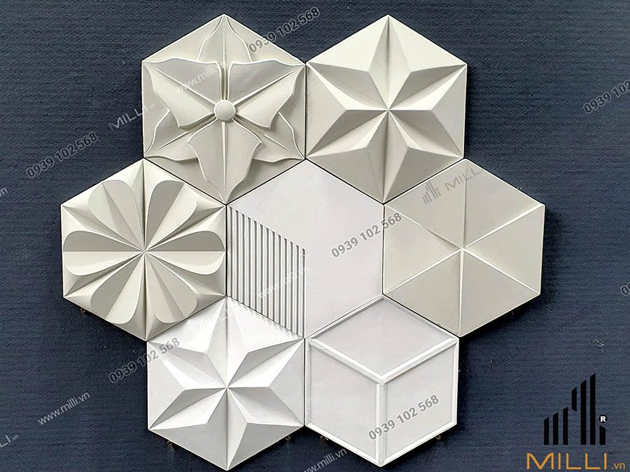 gạch 3D Milli lục giác nhiều mẫu mới màu trắng ốp tường
